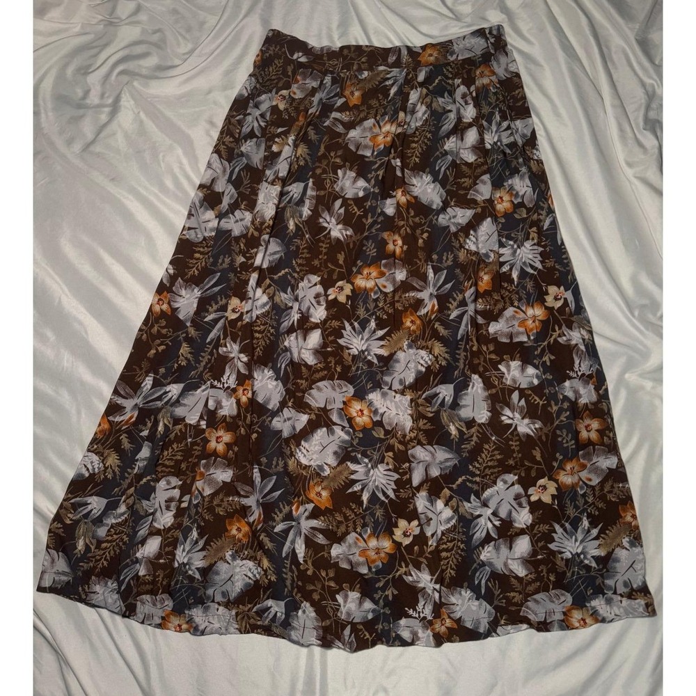 Vintage‎ Sag Harbor Floral Midi Skirt Womens Medium Brown Rayon Tropical Boho